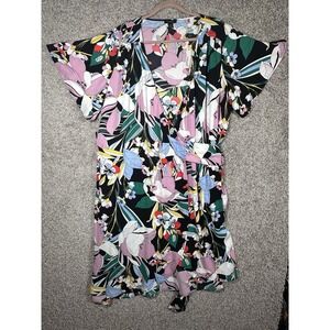 Halogen Floral Wrap Dress XL Short Sleeve Tie Waist Black Multicolor